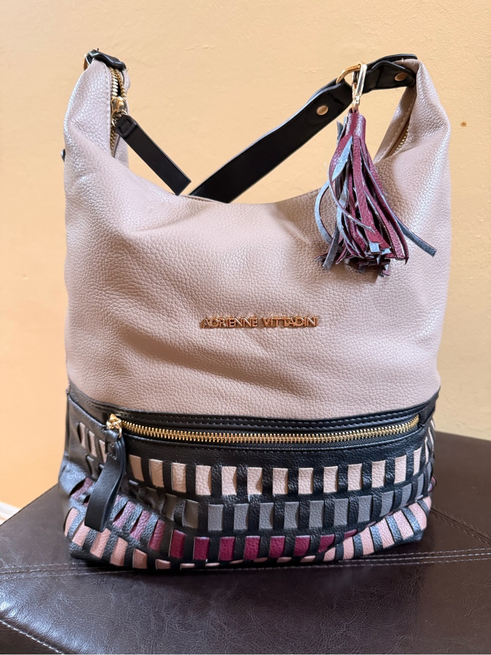 Adrienne Vittadini Taupe & Black Leather Hobo with Multicolor Woven Trim